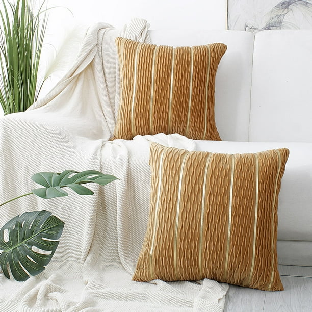 2Pcs Velvet Soft Jacquard PU Striped Throw Pillow Cover Yellow 20x20inch 2Pcs Velvet Soft Jacquard PU Striped Throw Pillow Cover Yellow 20x20inch